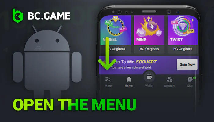 Open the menu on the BCGame website